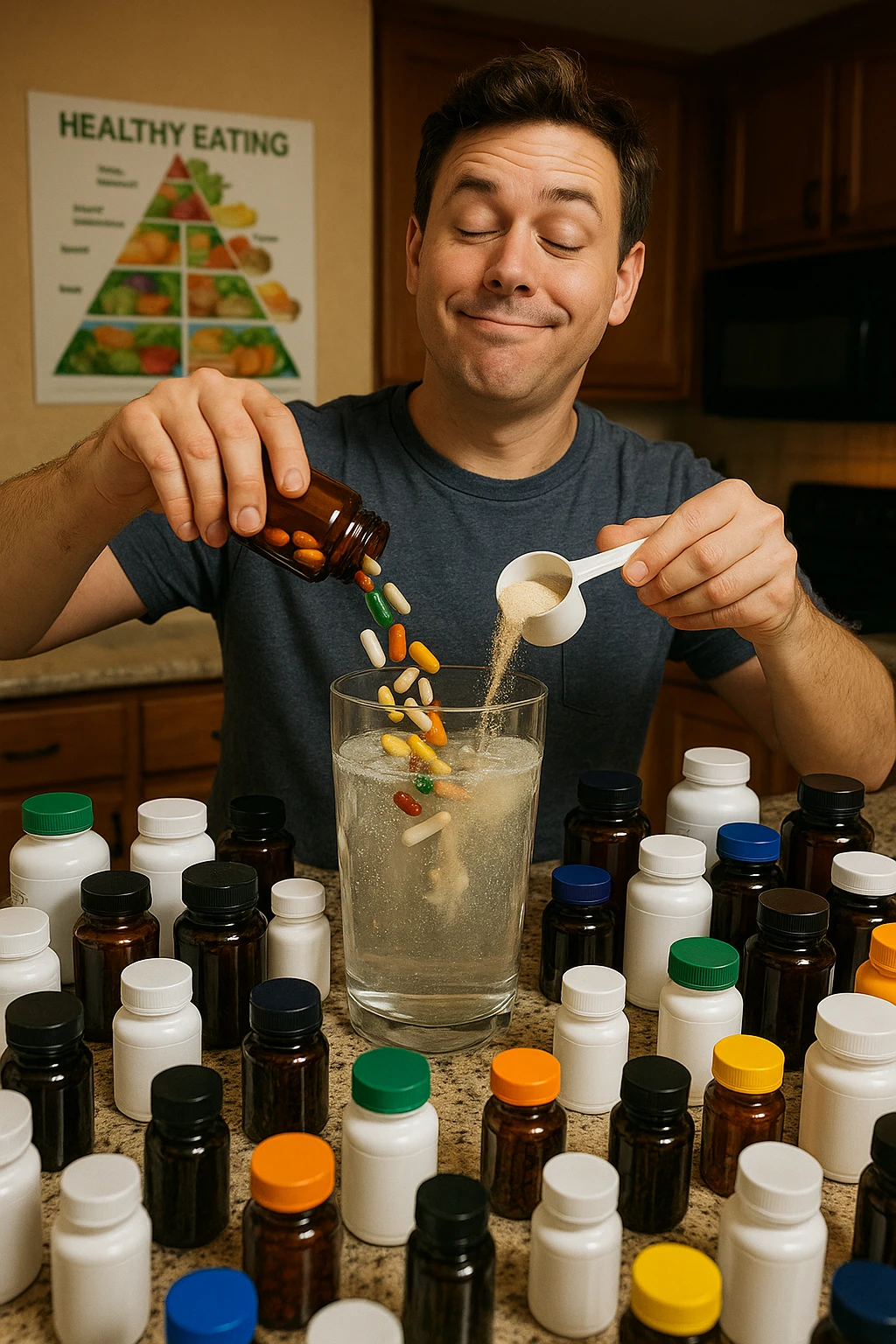 a man stands in his kitchen, enthusiastically pouring multiple supplement pills and powders into a large glass of water. The kitchen counter is cluttered with dozens of supplement bottles, and his expression is confident but slightly oblivious. In the background, a nutrition guide or food pyramid is ignored, highlighting his focus on supplements over balanced nutrition. emoji
