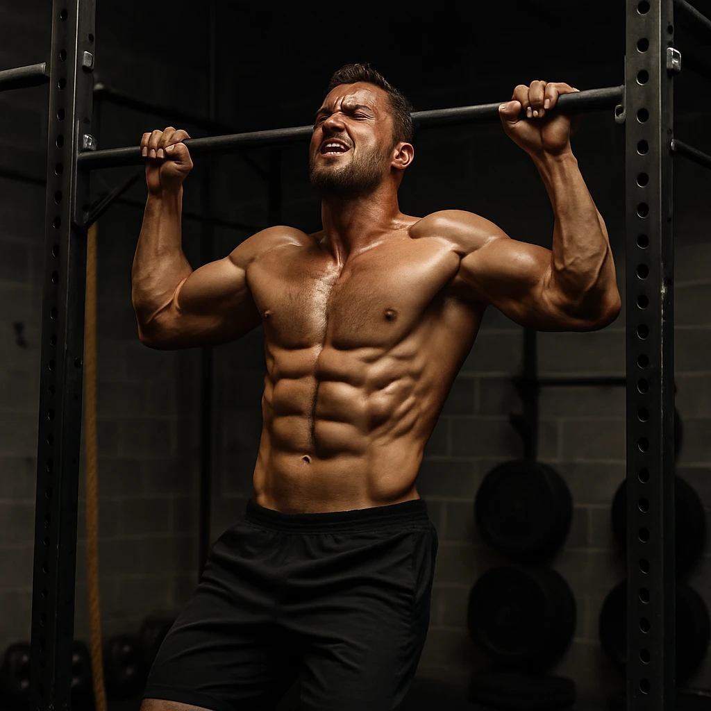 a man doing pull-ups on a bar, Crossfit gym, strong physique, intense workout emoji
