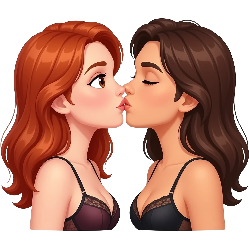3 sexy people - 1 redhead female in lingerie, 1 brunette female in lingerie kissing and 1 brunette male emoji
