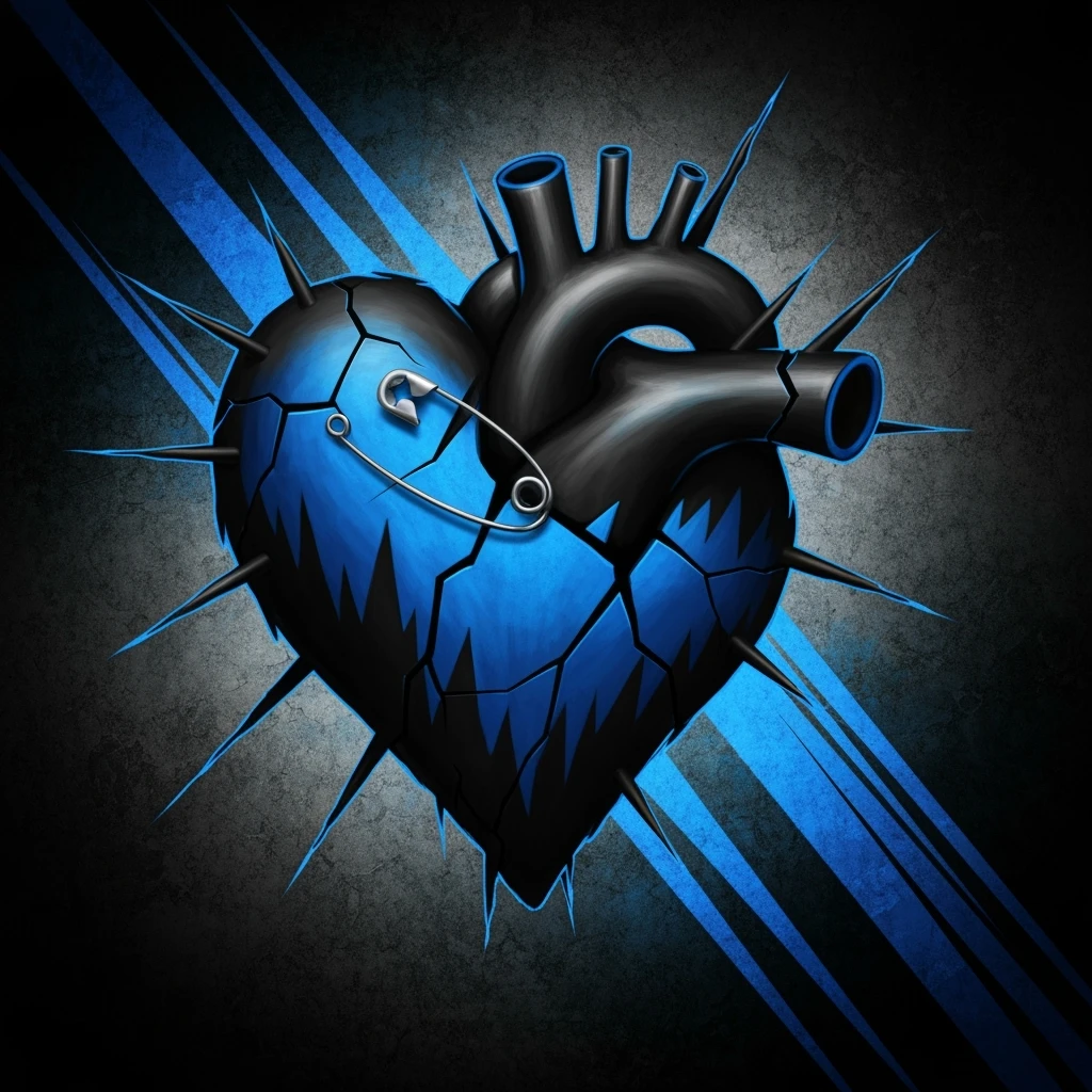 emo heart, jagged edges, black and blue, small safety pin, modern emo aesthetic emoji