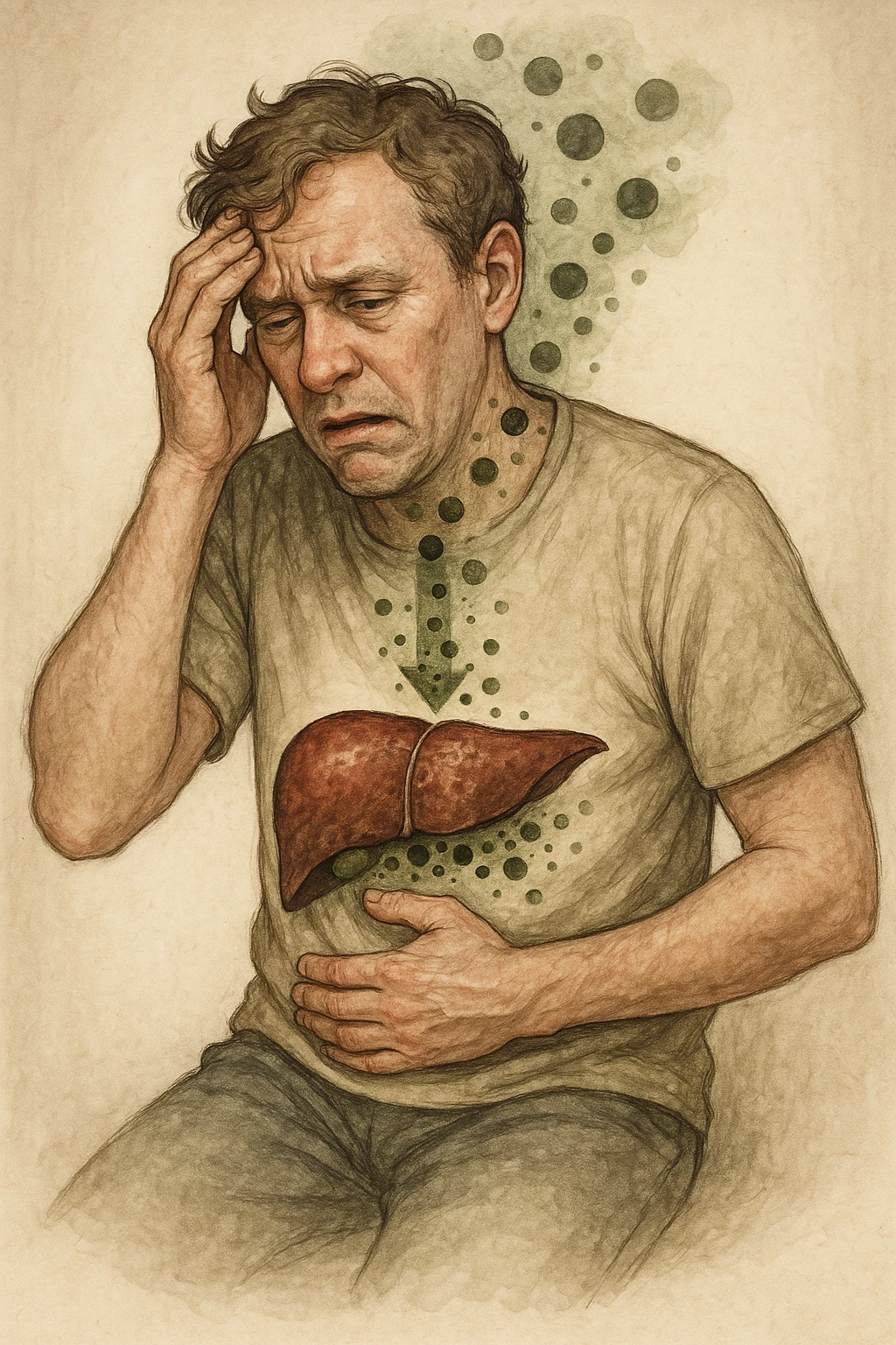 "Man feeling increasingly unwell as his liver fails to filter toxins, nausea, tiredness, and weakness overwhelming him as toxins infiltrate his brain causing confusion and irritability Parasitic Infection: Causes, Symptoms & Treatment, expression of mental fog and physical exhaustion, liver shown as overworked organ with reduced filtration capacity, toxic buildup affecting entire body systems" in italiano emoji