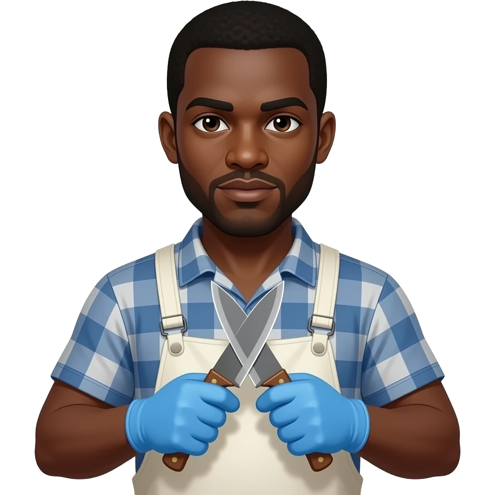 African Slaughter house worker with knives and blue gloves emoji