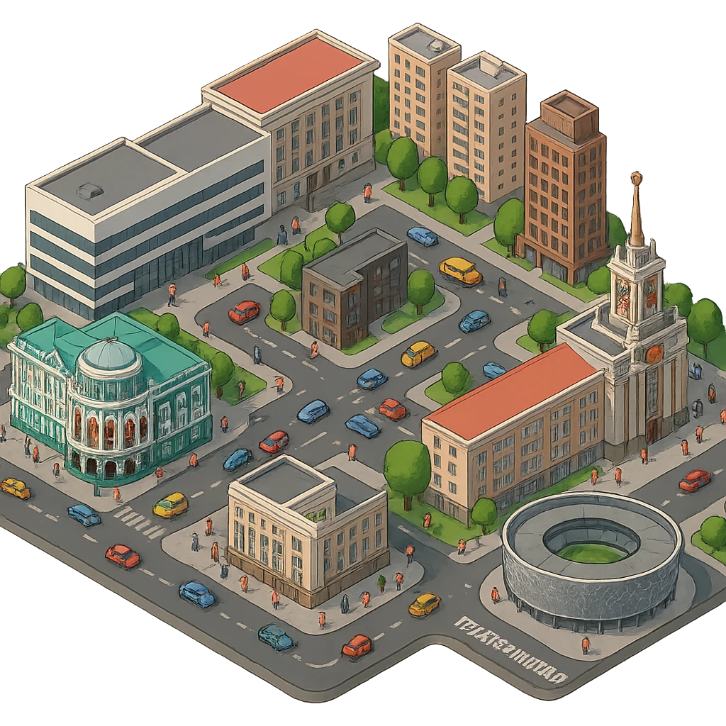Изометричная миниатюрная фотореалистичная 3D модель Екатеринбурга - Дом Севастьянова, Ельцин-центр, Уральский федеральный университет, дома, Екатеринбург Арена, Медный дом, Здание Свердловского городского совета народных депутатов, четкие линии, яркие цвета, мультяшный реализм, люди, автотранспорт, компактная композиция, вид сверху в изометрии, прозрачный фон emoji