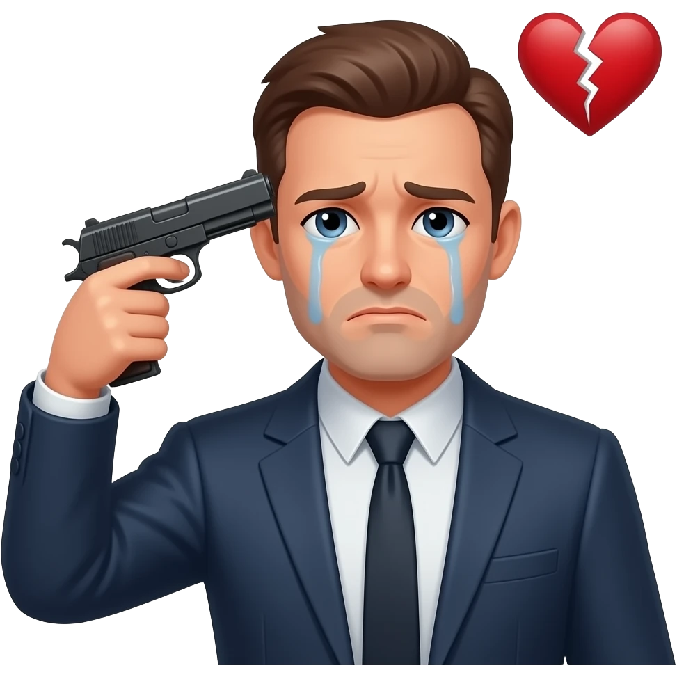 man standing alone and sad with a gun to his head and a broken heart emoji