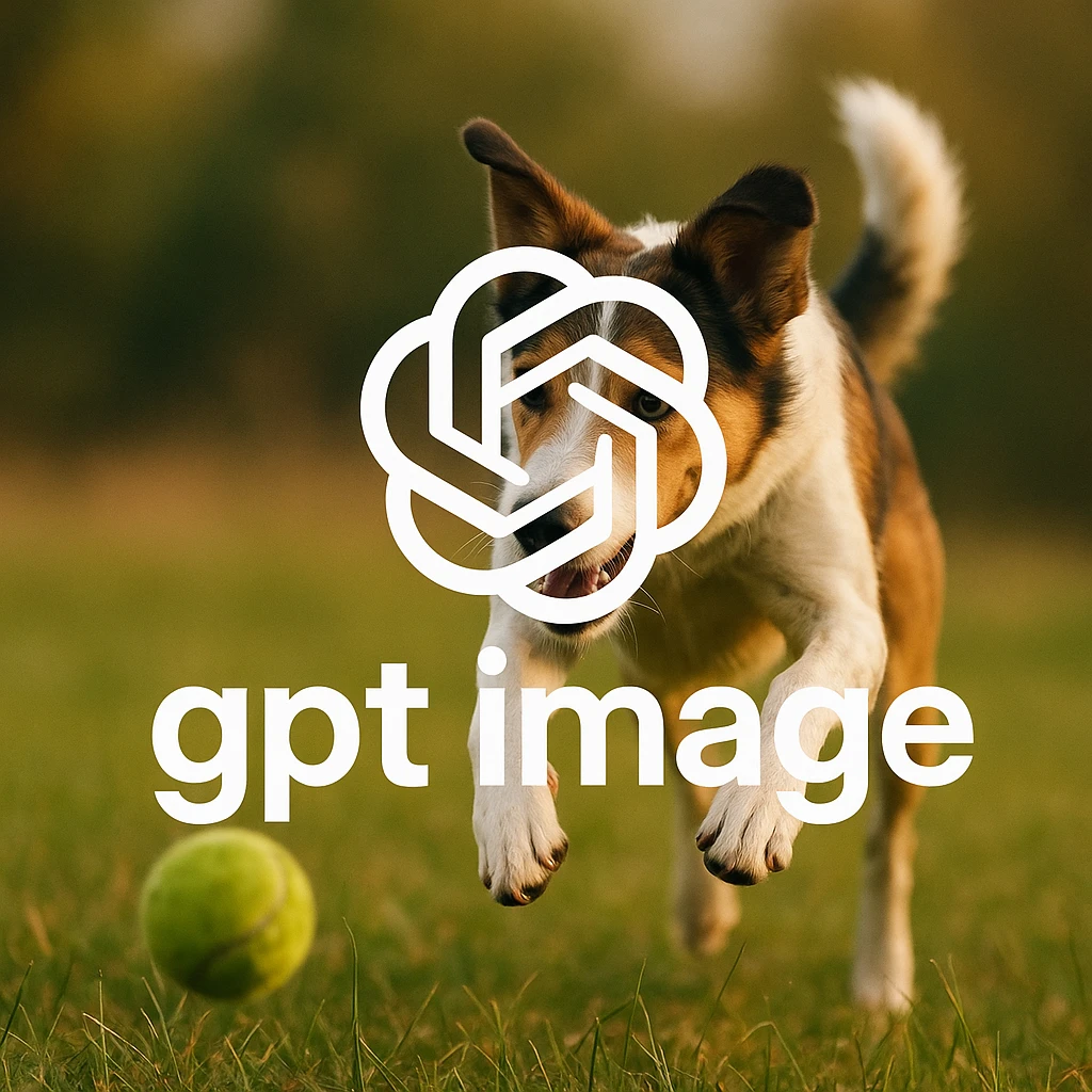  logo of chat gpt with text "gpt image" on the background of a dog chasing ball, realistic image emoji