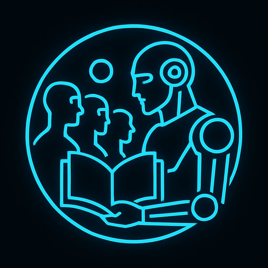 Create a simplified, Tron-blue, high-tech logo inspired by the reference image showing abstract human and robot figures arranged in a circle around a stylized open book at the center. Use glowing neon blue lines and geometric shapes, no text, suitable for a logo design with a futuristic and tech vibe. emoji