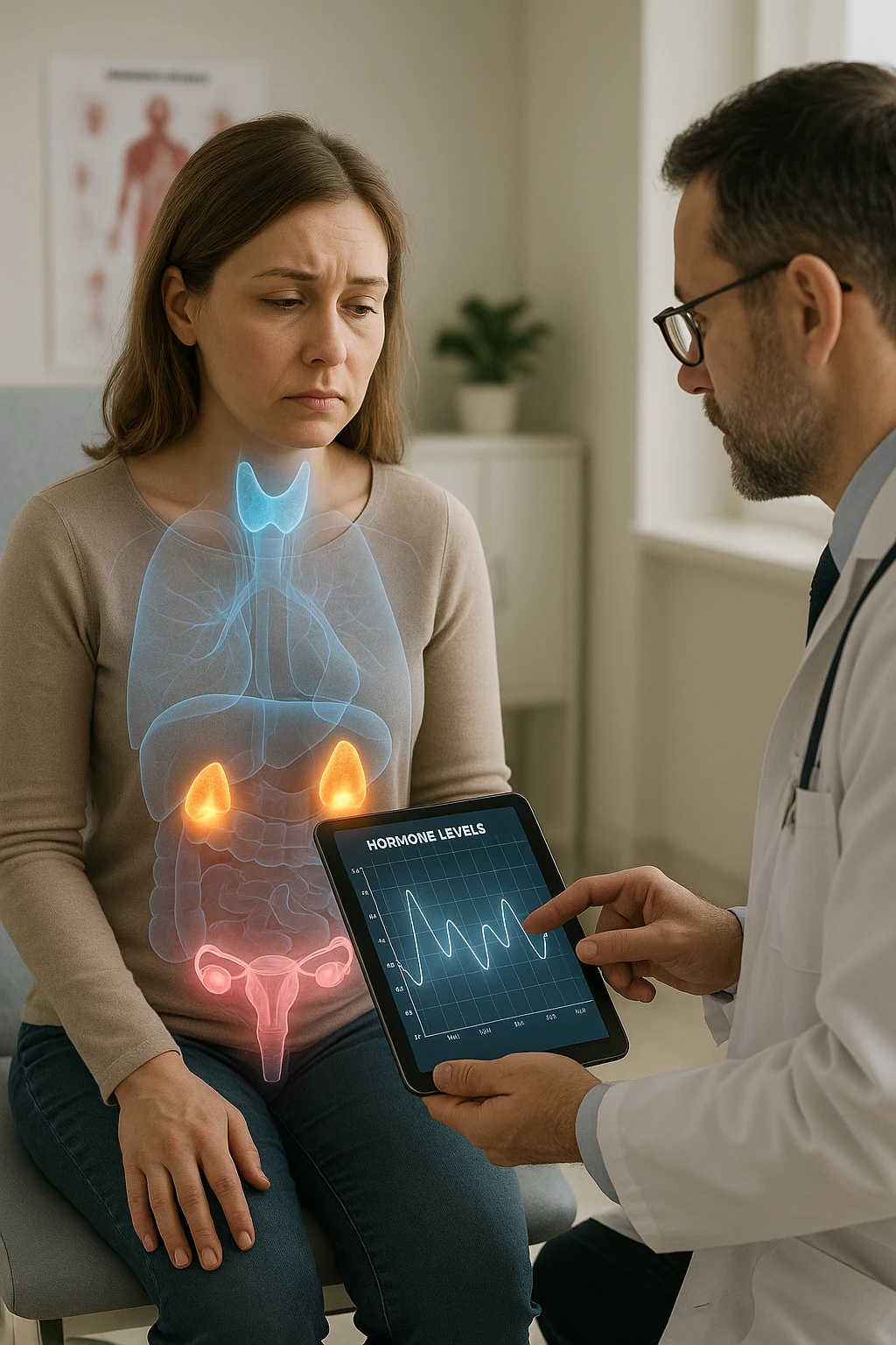 Realistic, vertical medical scene: a woman sits in a doctor’s office, looking fatigued and concerned. A semi-transparent overlay shows her internal organs, with the thyroid, ovaries, and adrenal glands glowing or pulsing in different colors to indicate hormonal imbalance. The doctor points to a digital tablet displaying fluctuating hormone levels. The mood is informative and empathetic. emoji