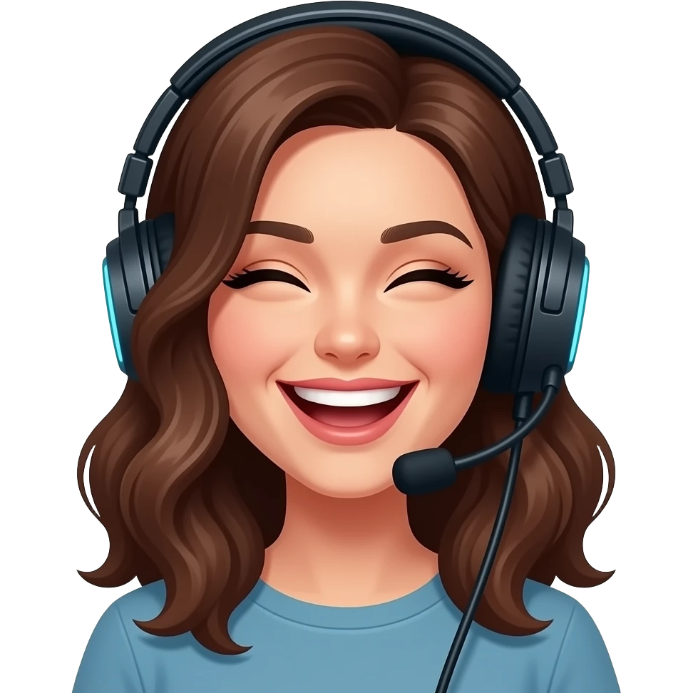 femme, brune, cheveux mi-long ondulé, casque jeux, rire emoji