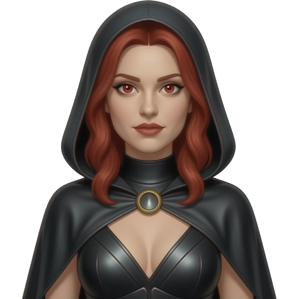 Sarah Brown from Horror Film Heroes and Villains with white and red eyes, medium red hair, black metallic caftan dress emoji