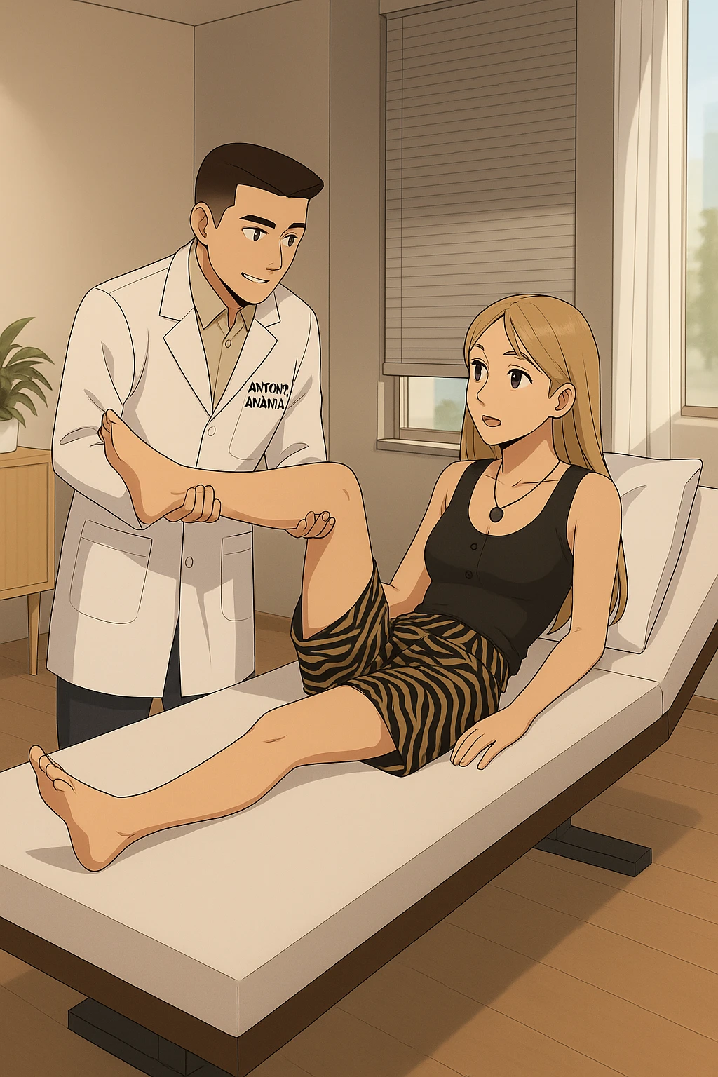 fai un webtoon/manga a colori con questo kinesiologo in camice bianco (fagli la scritta "ANTONIO ANANIA" SUL CAMICE) CHE SVOLGE UN TEST NEUROMUSCOLARE SOLLEVANDO UNA GAMBA ALLA RAGAZZA CHE è STESA SU UN LETTINO BIANCO. STANZA SEMPLICE E MODERNA, DURANTE IL TEST I DUE DIALOGANO TRA LORO. NON FARE I FUMETTI, FAI SOLO LORO COME SE DIALOGASSERO emoji
