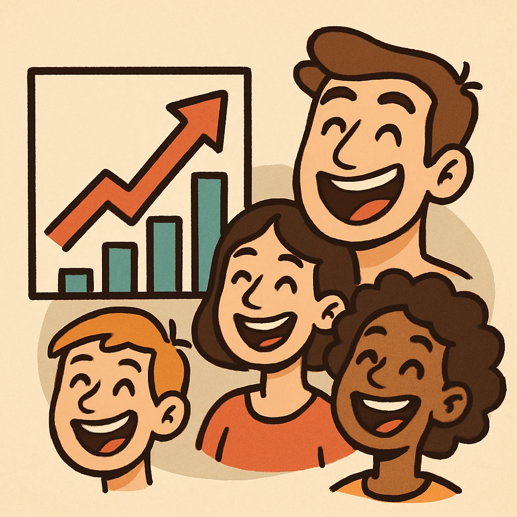 icon with upward graph and smiling faces, growth in price, joy, happiness, and success, flat style emoji