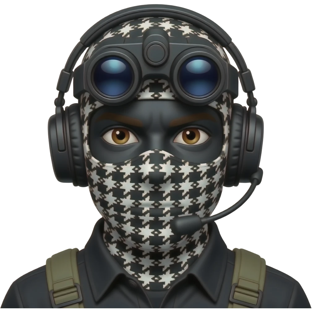 man with brown eyes wearing black clothes, face total painted black and a black and white patterned balaclava and wears a headset and a big black night vision device on his headtop emoji