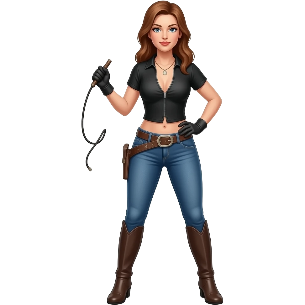 woman in jodhpurs, with a whip in one hand, and her other hand on her hip, standing with her legs apart emoji