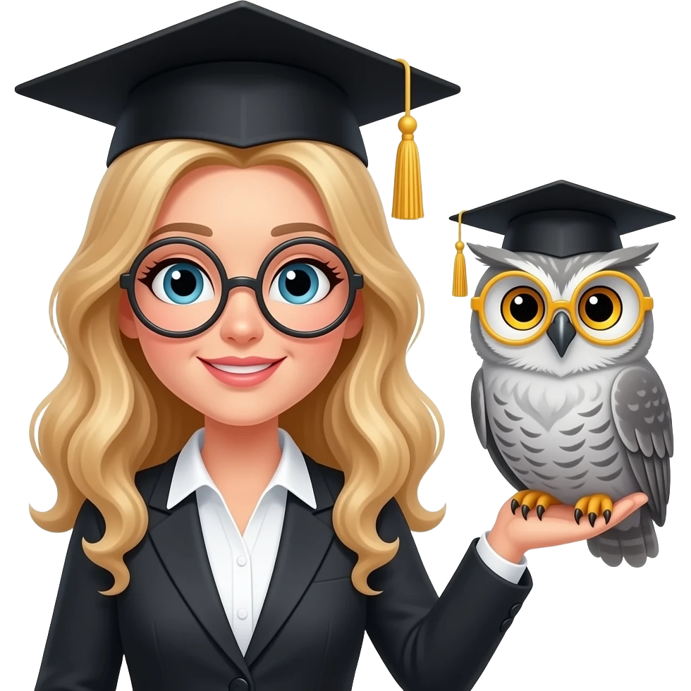a teacher with long wavy blond hair holding a grey owl. the owl is wearing a black graduation cap. the owl is wearing round yellow glasses. the owl is sitting on the right hand emoji