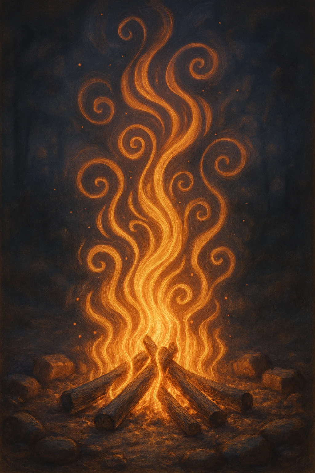 a campfire with flames forming hypnotic shapes, entrancing, warm glow, magical ambiance, dreamlike emoji
