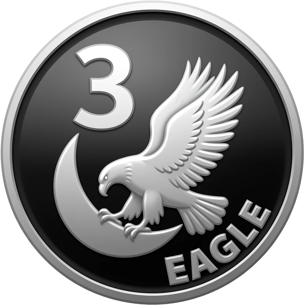 Silver metallic coin medallion, black background, bold engraved style, number ‘3’ in top left, central design of a majestic eagle in flight embracing a crescent moon with its wings, strong black outlines and shading, word ‘EAGLE’ in bottom right, emoji