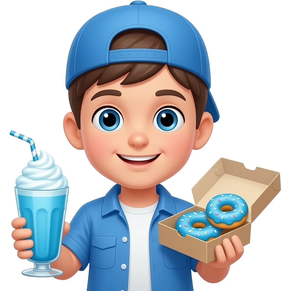 A little boy is holding a blue milkshake in one hand, and in his other hand, he is holding a box of blue donuts and he’s wearing a blue cap emoji