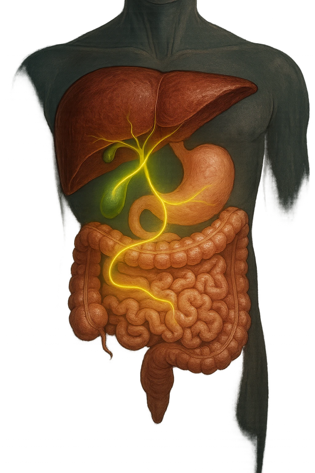 A detailed anatomical illustration-style image focusing on the human torso, highlighting the liver, gallbladder (cistifellea), and intestines. The organs are shown with realistic textures and colors: the liver in deep reddish-brown, the gallbladder as a small greenish sac tucked under the liver, and the intestines in soft pinkish hues. Connecting these organs are glowing, semi-transparent lines or light trails in vibrant colors (e.g., bright yellow or green) that visually trace the functional and physiological links between them. The lines flow smoothly from the liver to the gallbladder and then down to the intestines, symbolizing bile flow and digestive processes. The background is a subtle dark gradient that enhances the brightness and clarity of the lines and organs. The style is a blend of medical illustration and modern digital art, clear, precise, and visually engaging emoji