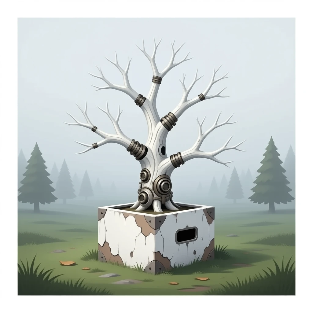 steampunk - white bare old tree grows from a dilapidated white box emoji