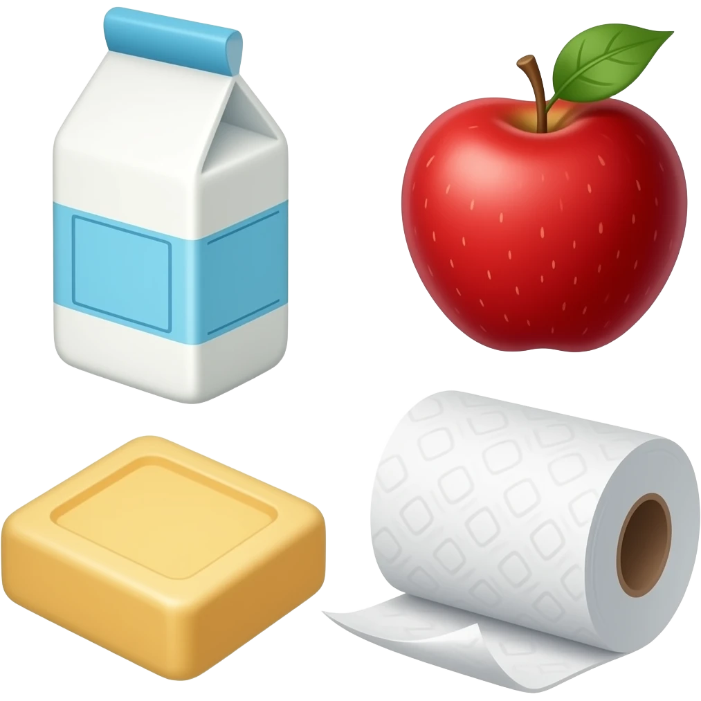 Milk, apple, soap, and paper towels emoji