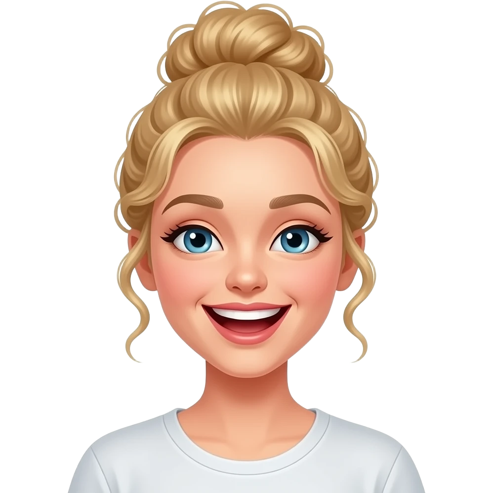 blonde haired woman with curly bun laughing and joking emoji