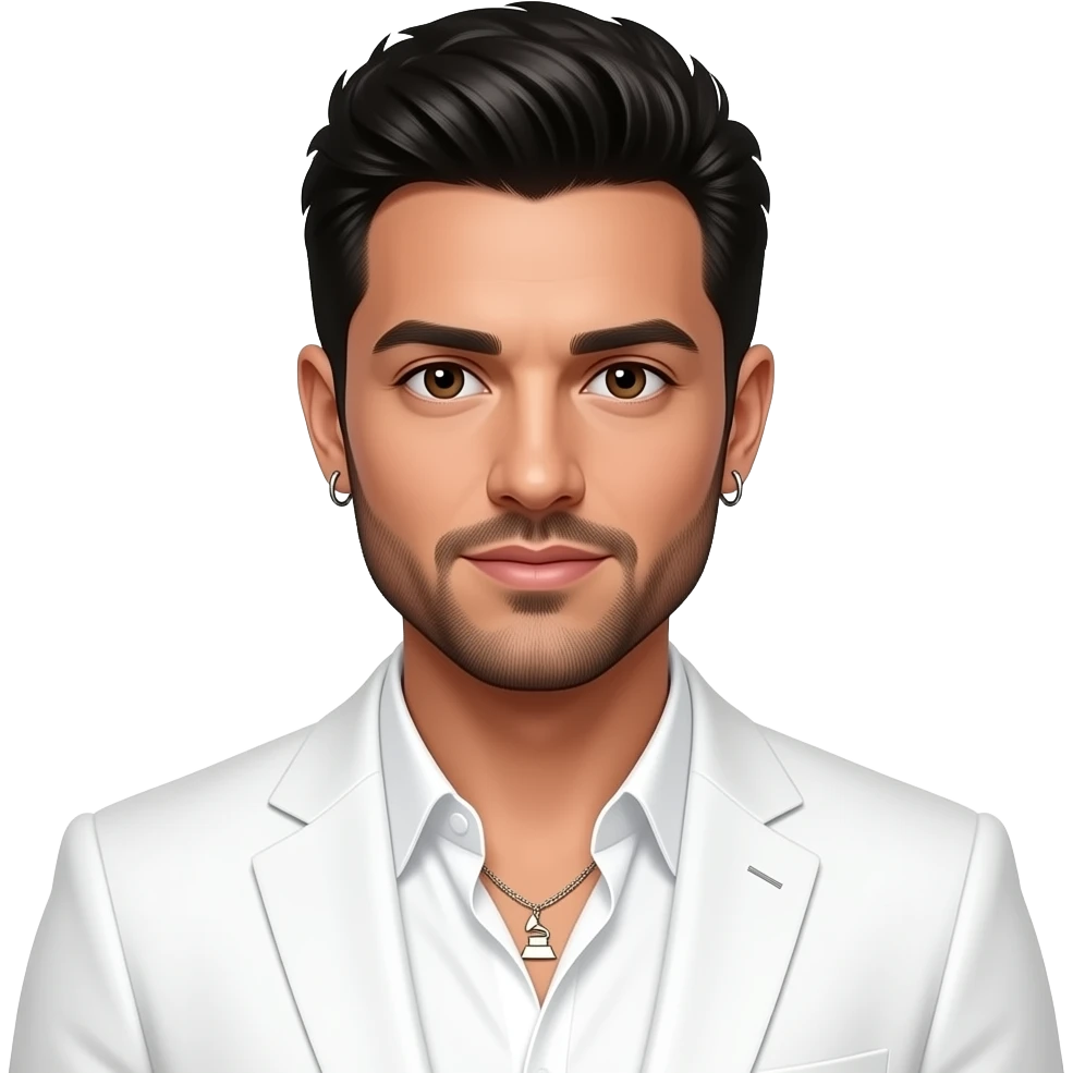 AJ McLean from Backstreet Boys with brown eyes, black hair and short beard, white grammy shirt and white suit jacket, necklace and earrings emoji