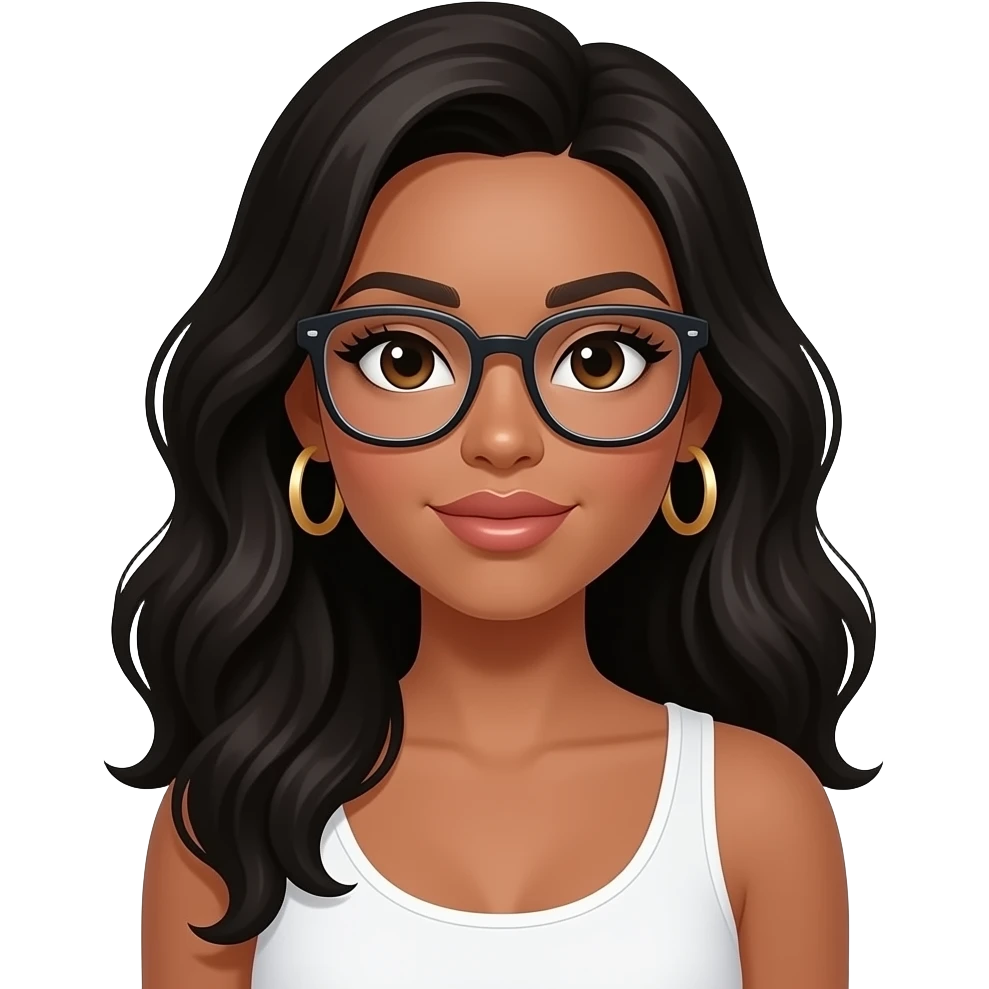 light brown skin tone, very beautiful woman, with big plump lips, long long lashes, black wavy long hair, brown eyes, white tank top, gold hoop earrings and glasses emoji