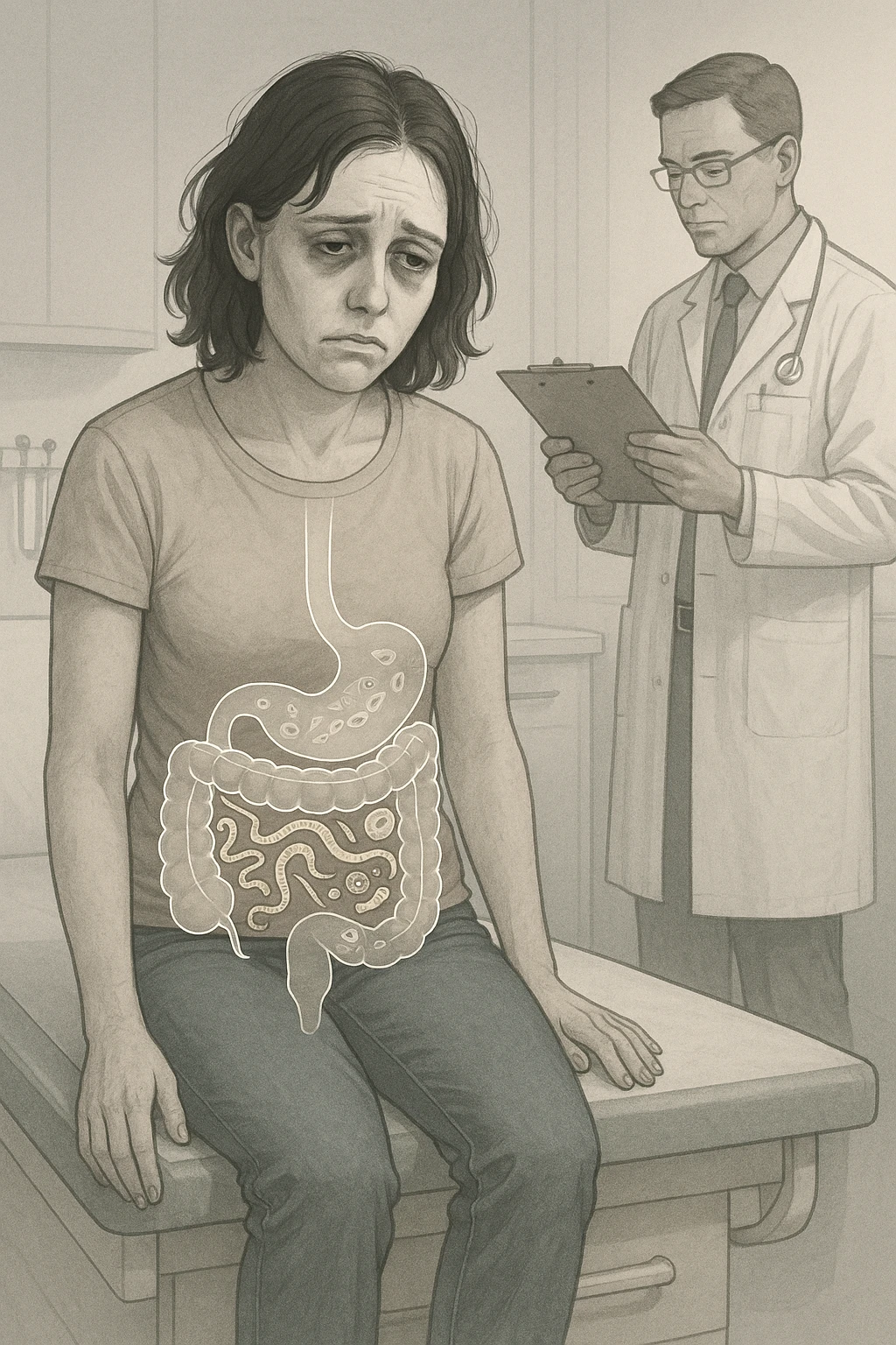 a woman in her 30s sits slumped on a doctor’s examination table, her face pale and eyes sunken with deep fatigue. A transparent overlay on her abdomen reveals stylized images of internal parasites, such as worms or protozoa, inside her digestive tract. The doctor stands nearby, reviewing medical charts. The mood is clinical and educational. emoji