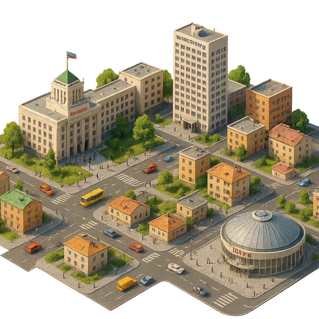 Изометричная чёткая миниатюрная фотореалистичная 3D модель панорамы Челябинска — НИУ ЮУрГУ, Здание управления Челябэнерго, Челябинский цирк, дома, люди, автотранспорт. Вид сверху в изометрии, яркие цвета, прозрачный фон, компактная композиция. emoji