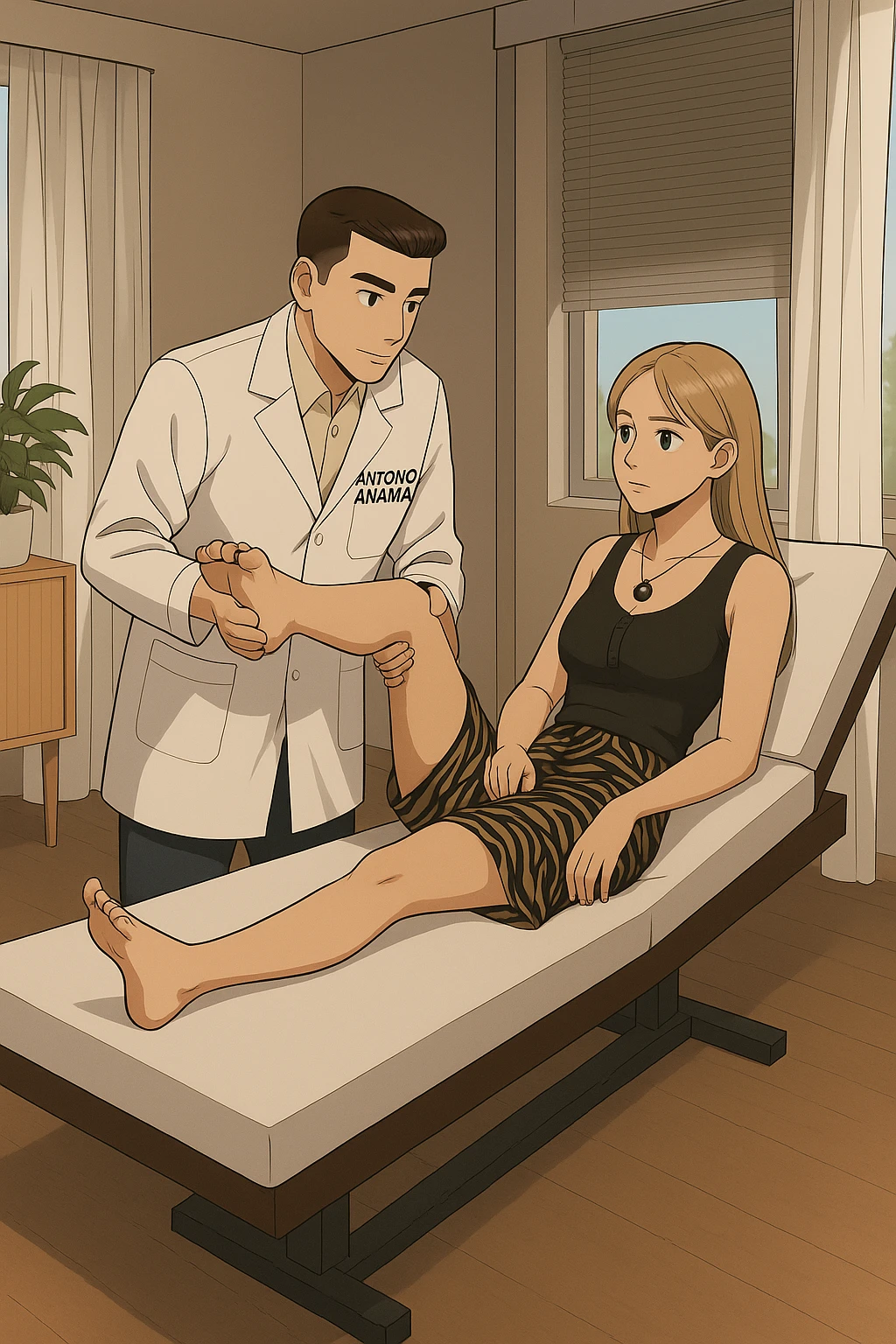 fai un webtoon/manga a colori con questo kinesiologo in camice bianco (fagli la scritta "ANTONIO ANANIA" SUL CAMICE) CHE SVOLGE UN TEST NEUROMUSCOLARE SOLLEVANDO UNA GAMBA ALLA RAGAZZA CHE è STESA SU UN LETTINO BIANCO. STANZA SEMPLICE E MODERNA, DURANTE IL TEST I DUE DIALOGANO TRA LORO. NON FARE I FUMETTI, FAI SOLO LORO COME SE DIALOGASSERO emoji