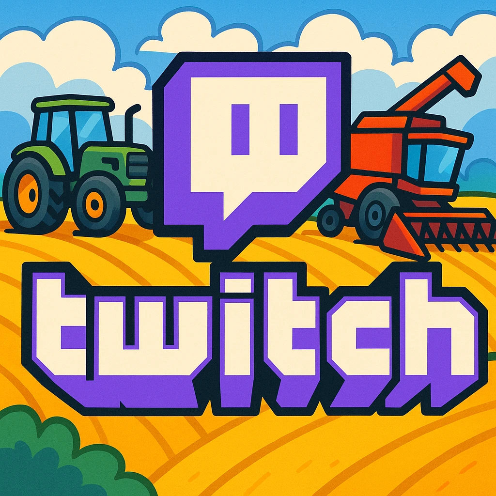 Twitch logo with a tractor and combine harvester in the background, vibrant and colorful, cartoonish style emoji