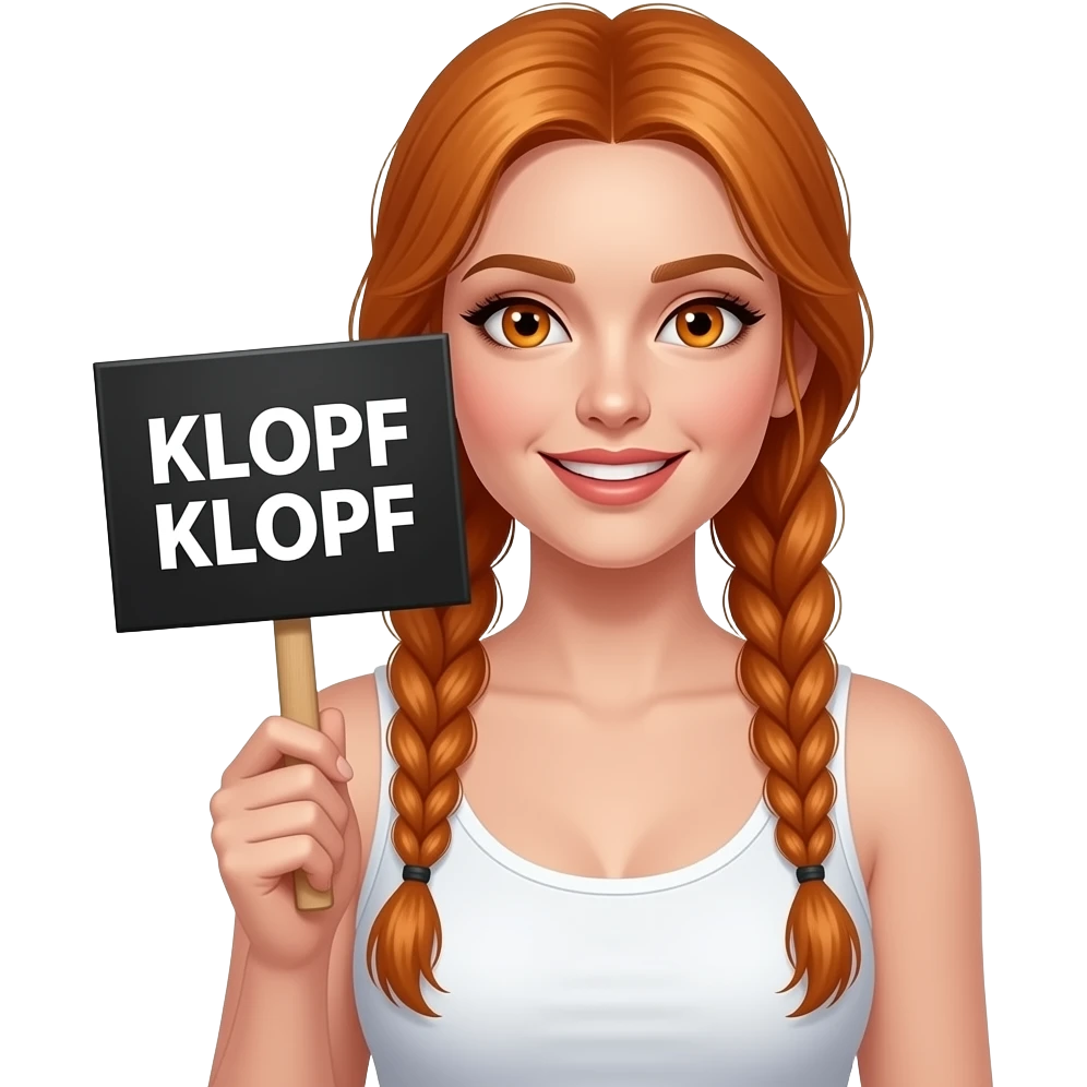 sexy girl with long ginger braids and ginger eyes wearing a white tanktop is holding a black sign with KLOPF KLOPF written on it emoji