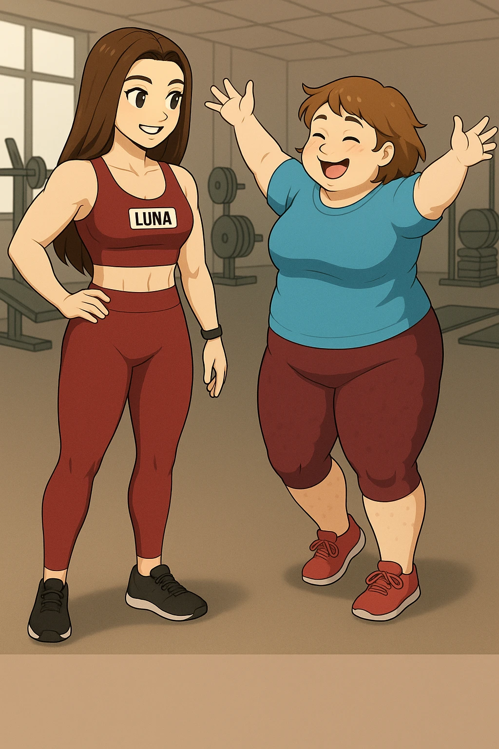 prendi spunto da queste immagini per fare: fai un webtoon/manga a colori con questa personal trainer (falle la scritta "LUNA" SU UNA TARGHETTA APPOSTA SUL TOP SPORTIVO CHE HA), che parla IN PALESTRA con una sua cliente che ha cellulite ed è leggermente in sovrappeso. LA SIGNORA è IN ABITI SPORTIVI E SI AVVICINA PER ABBRACCIARE LUNA ENTUSIASTA DI INTRAPRENDERE UN PERCORSO CON LEI. LUNA è FELICE. NON FARE I FUMETTI, FAI SOLO LORO COME SE DIALOGASSERO. FAI LE DUE FIGURE A FIGURA INTERA CON IL CORPO INTERAMENTE VISIBILE emoji