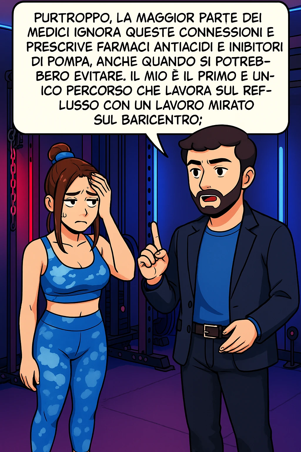 TRASFORMA QUESTO CAROSELLO IN UN FUMETTO STILE WEBTOON/MANGA A COLORI CON QUESTE DUE PERSONE IDENTICHE CHE INTERLOQUISCONO TRA LORO, L'uomo sta spiegando alla donna questo concetto MENTRE LA DONNA SI TIENE la mano sulla fronte sconcertata:

LUI (UOMO): Purtroppo, la maggior parte dei medici ignora queste connessioni e prescrive farmaci antiacidi e inibitori di pompa, anche quando si potrebbero evitare.
Il mio è il primo e unico percorso che lavora sul reflusso con un lavoro mirato sul baricentro; emoji