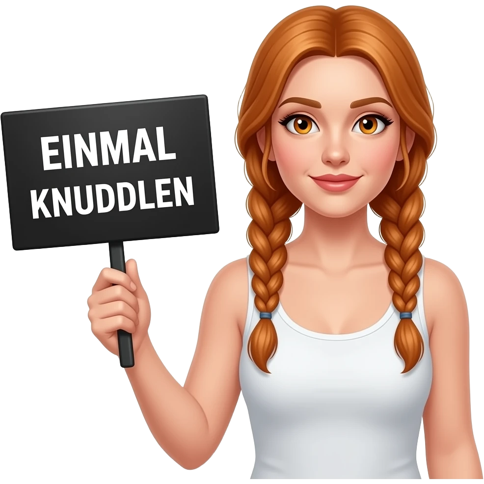 sexy girl with long ginger braids and ginger eyes wearing a white tanktop is holding a black sign with EINMAL KNUDDELN written on it emoji
