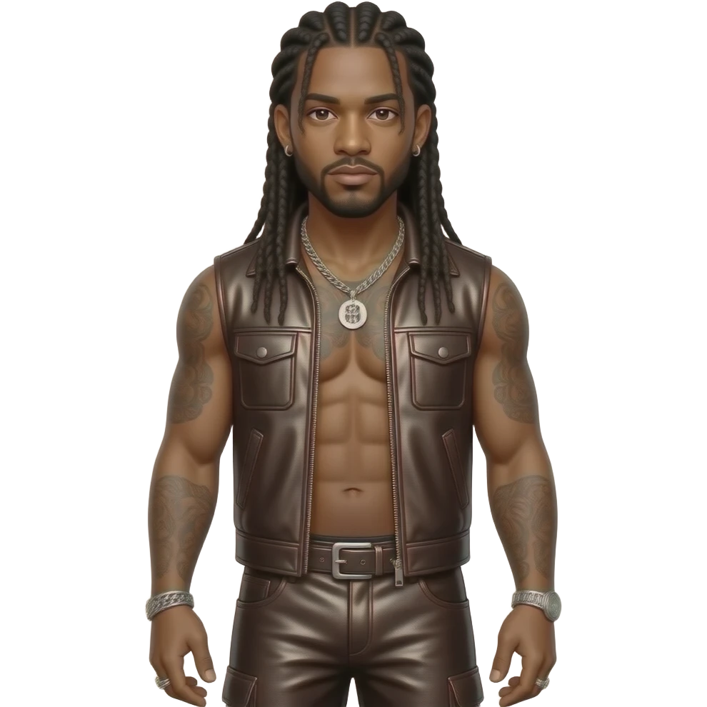 Omarion with long black braided hair, dark brown metallic vest, dark brown metallic baggy pants, shirtless with silver necklace and earrings emoji