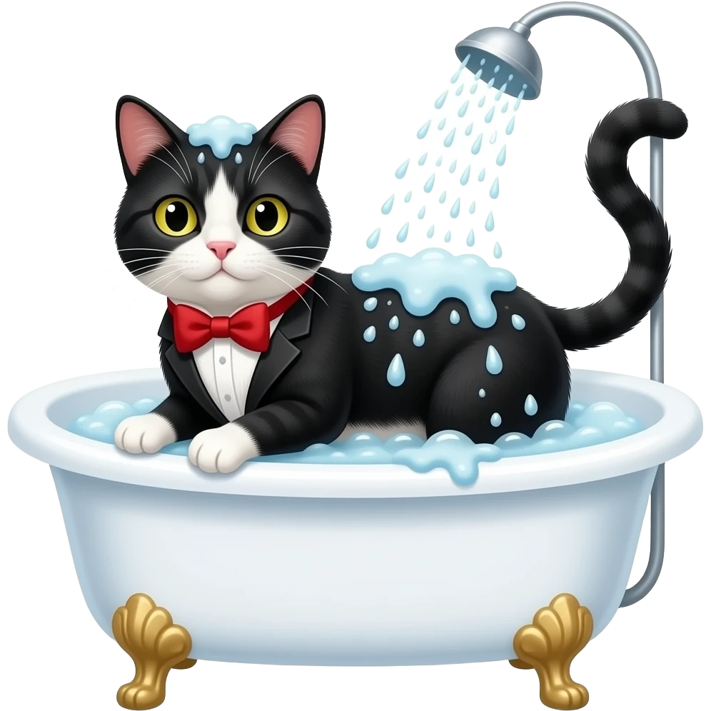 Cat shower in bathtub. A tuxado colour cat with red bow emoji