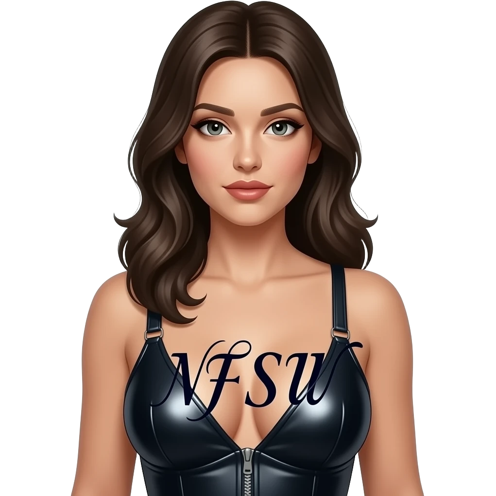 mujer vestida de latex brillante enseñando las tetas con letra Bonita y elegante la Palabra "NFSW" se las tapa, sin fondo emoji