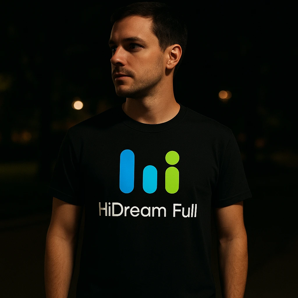 man wearing tshirt with this logo, dark night background with dim lights emoji