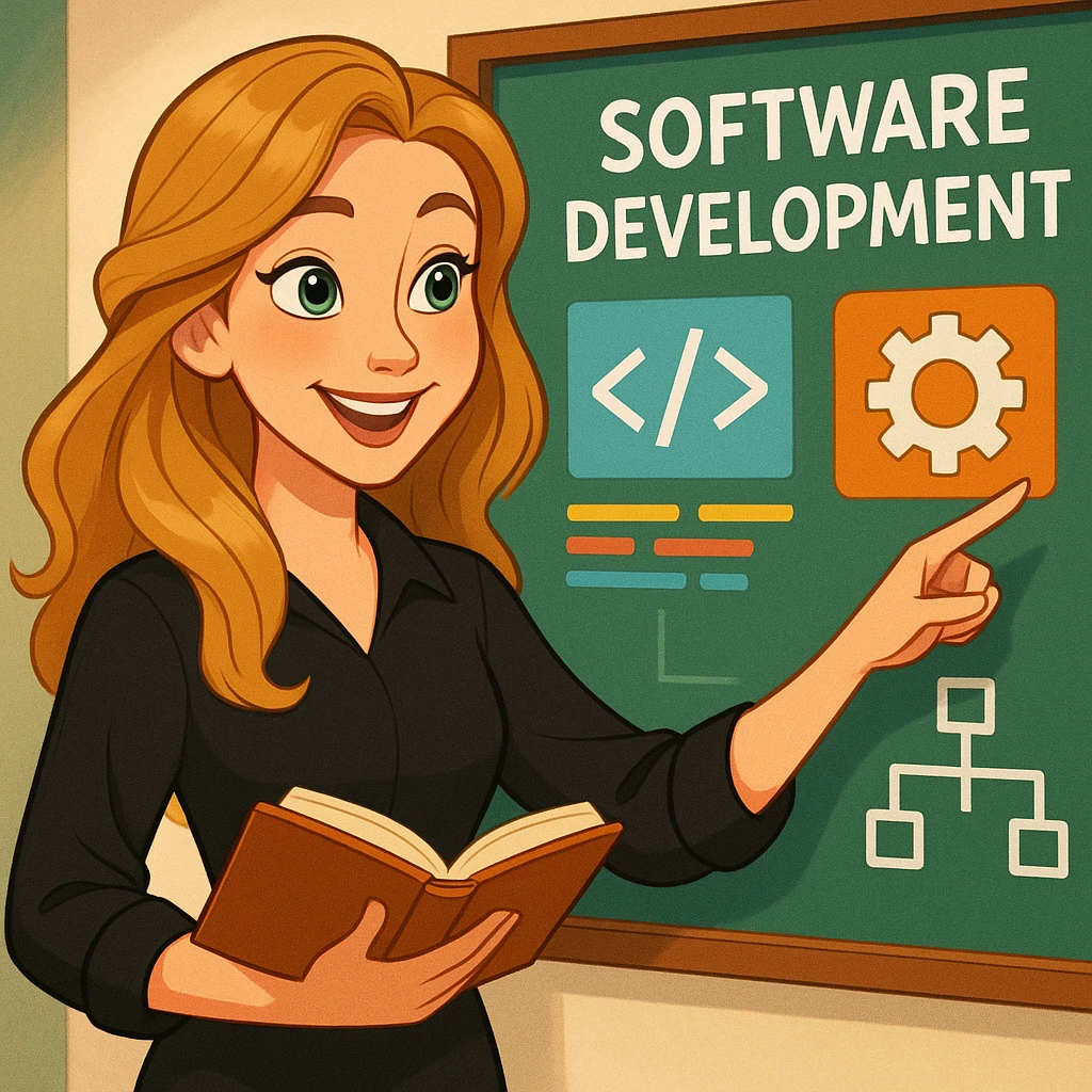 Disney-inspired cartoon businesswoman, European, long dark blonde beach waves, green eyes, black blouse with long sleeves, no glasses or chain, smiling, teaching software development emoji