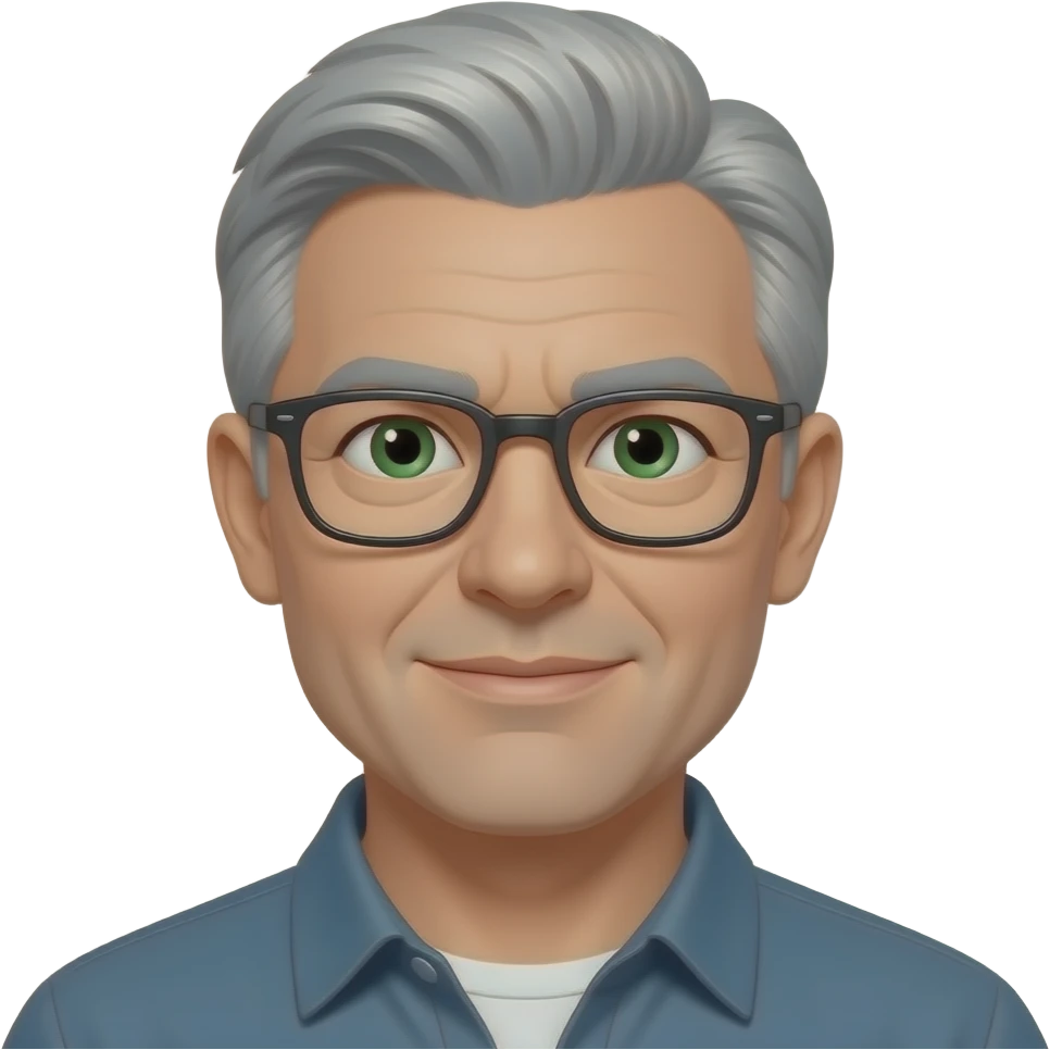 Grey hair, green eyes with eye glasses. emoji