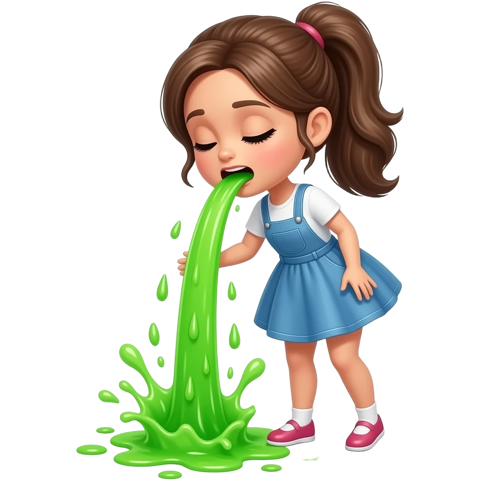 A full-body doll with a pretty ponytail is vomiting neon green through her mouth, spewing it out onto the floor at her feet niagara emoji