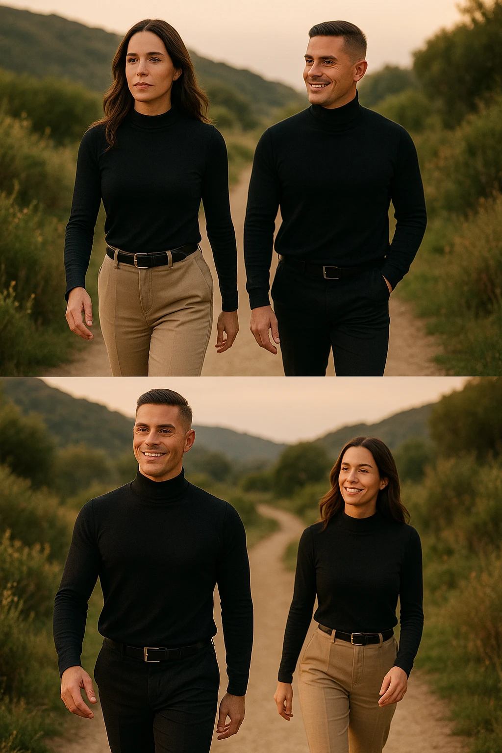 a man and a woman walk together along a winding path in a natural landscape. In one version, the woman leads confidently while the man follows a few steps behind, looking at lei con ammirazione. In un’altra versione, i ruoli sono invertiti, con l’uomo che guida e la donna che lo segue sorridendo. La scena trasmette l’idea che entrambi possano guidare o seguire, a seconda del momento. emoji