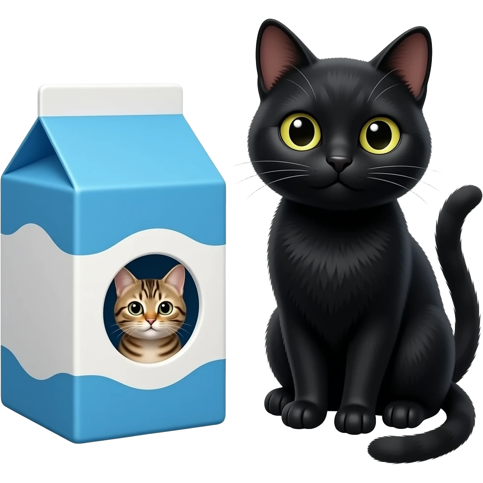 milk carton with blue and white color and with a small circle cutout where you can see a small tabby cat inside on the right side there is a largel black cat, on the roghr side, there is a black cat looking emoji