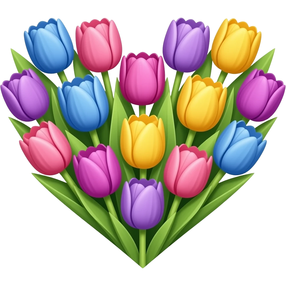 Purple, pink, blue, yellow Tulip Flowers in a heart emoji