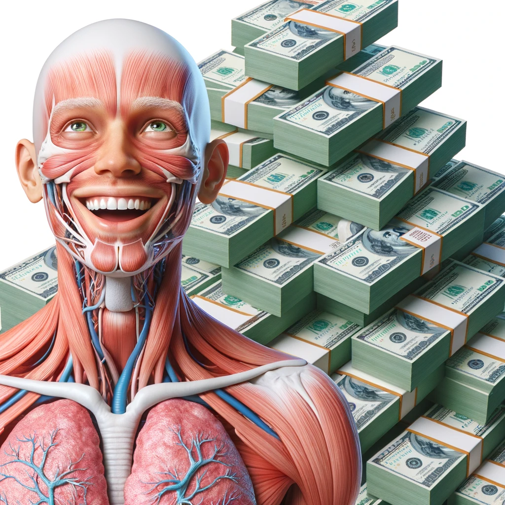 corpo umano anatomico sereno e felice con una montagna di banconote davanti, espressione stupita, iperrealistica 4k, isolato su sfondo bianco emoji