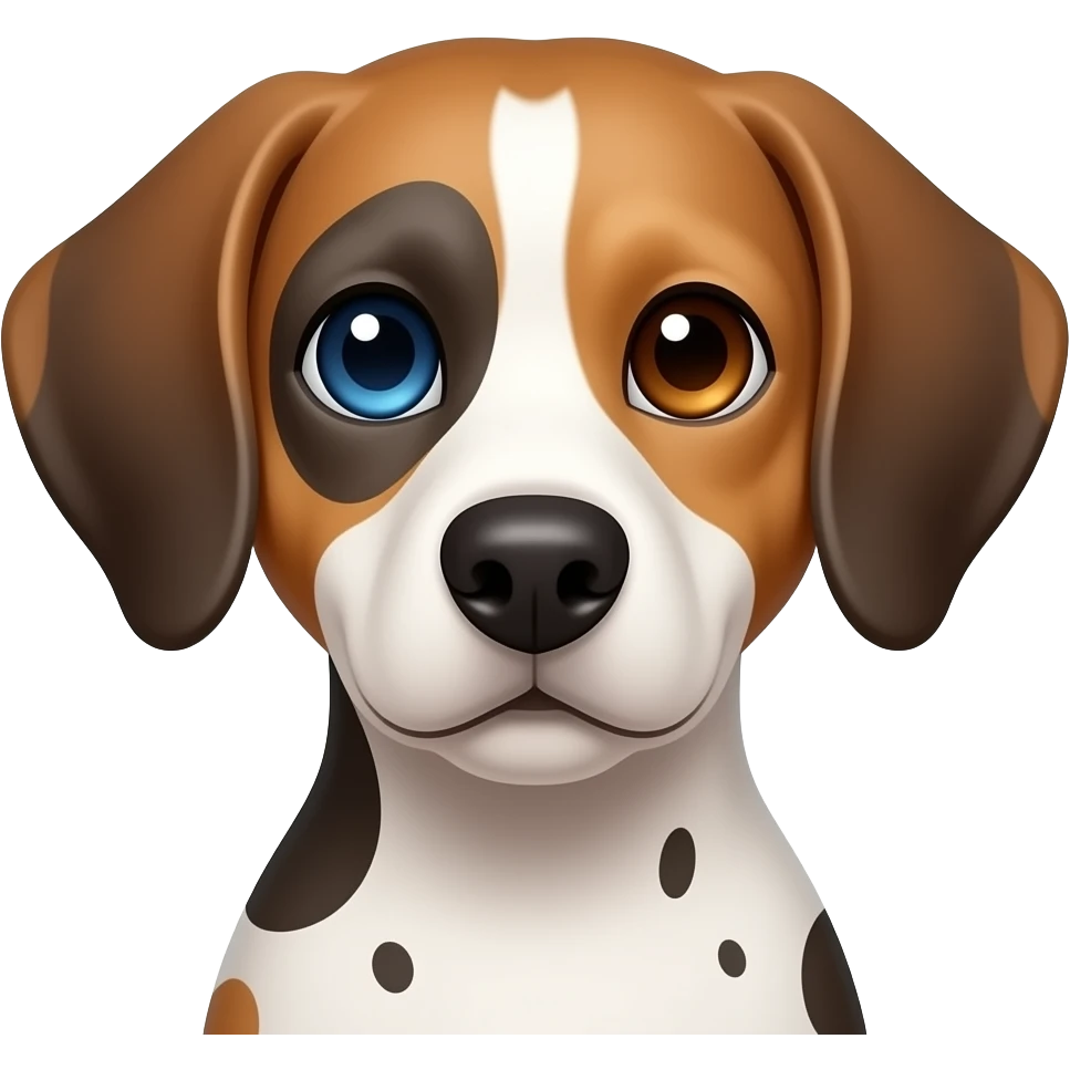 Frontal pic of Dalmatian beagle mix dog with one blue eye and one brown eye emoji