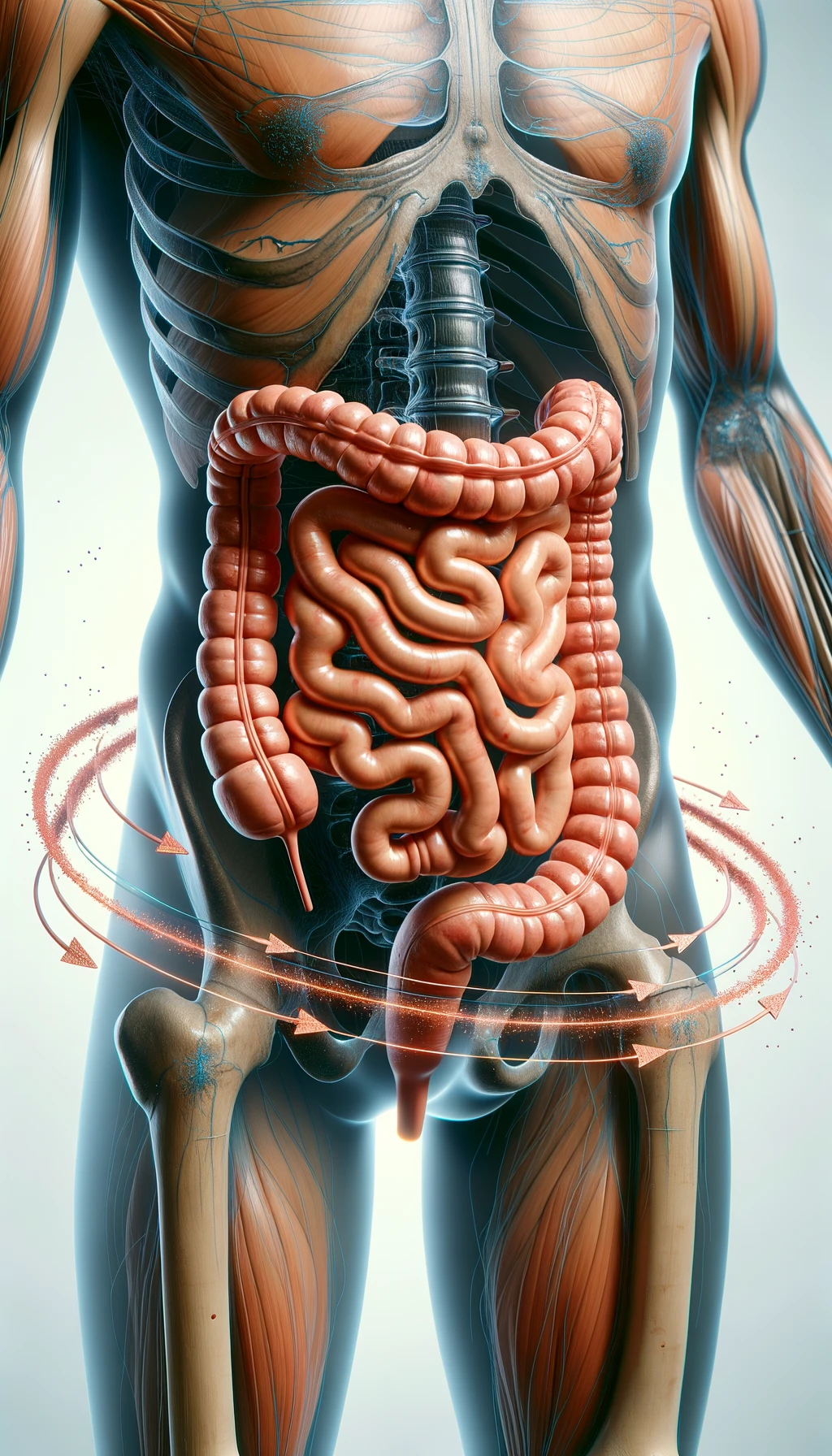intestino umano anatomico con frecce 3d che gli girano intorno, sfondo chiaro, iperrealistico 4k emoji