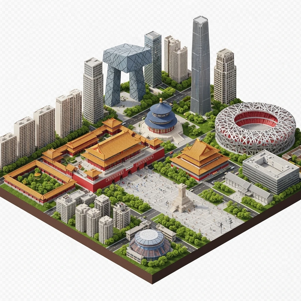 Isometric miniature of Beijing Forbidden City, Tiananmen Square, CCTV Headquarters, Temple of Heaven, China Zun skyscraper, Bird’s Nest Stadium, Beijing apartment blocks, 3D miniature effect and Tilt Shift effect, no cartoonish look, transparent background, don't cut angles emoji