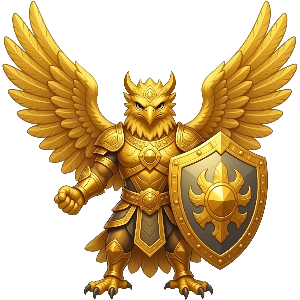 Sadayu, the mythical giant golden eagle, spreading large golden wings to protect a sacred object, protective shield aura, fierce guardian expression, sky background. emoji